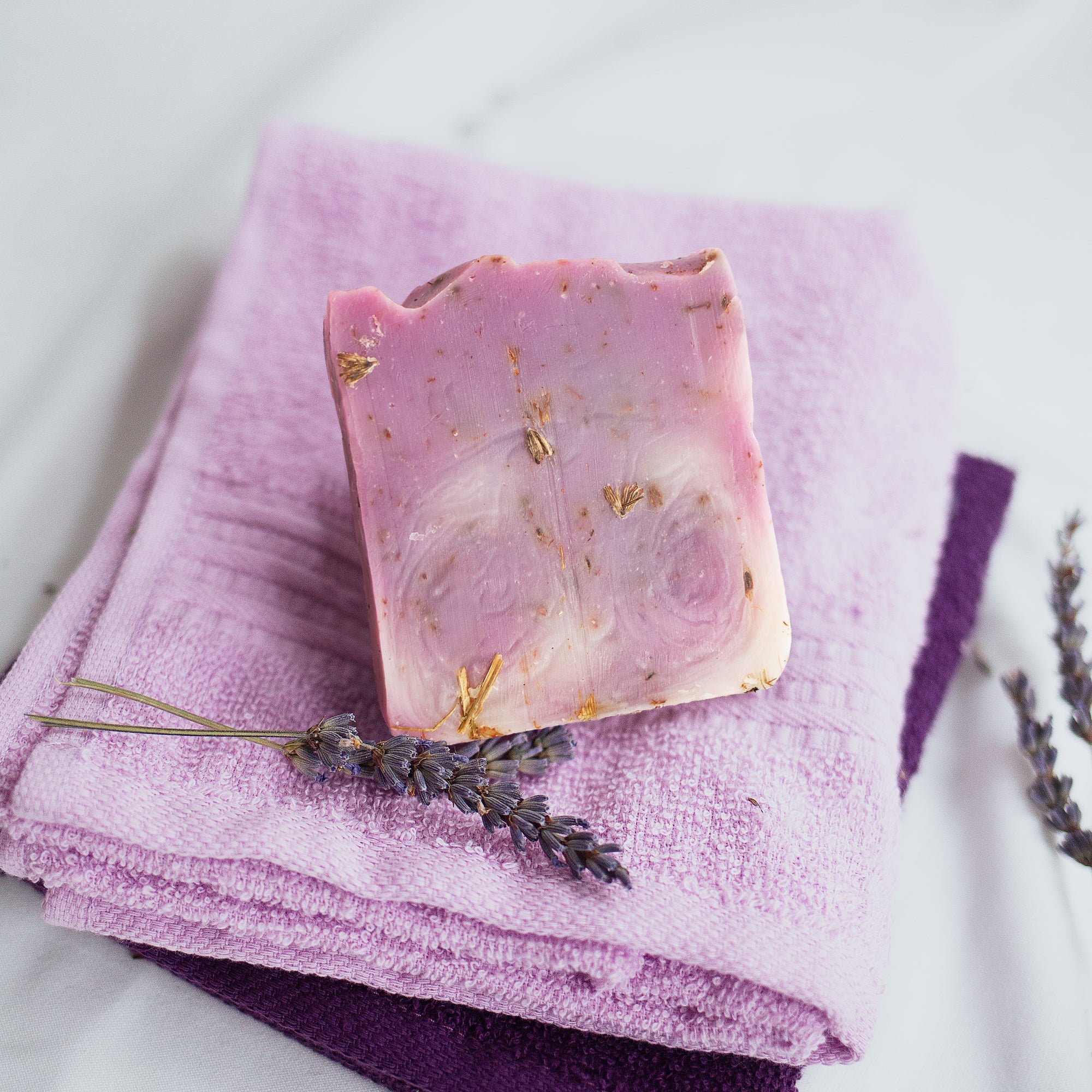Lavender Soap - Lifestyle on top of purple towel